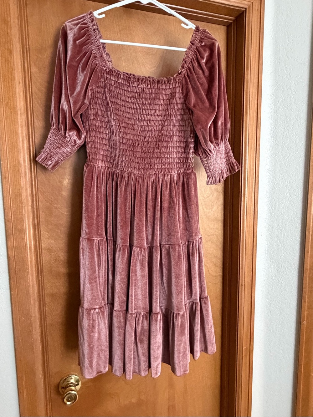 Baltic Born Velvet Smocked Tiered Midi Dress in Dusty Rose
